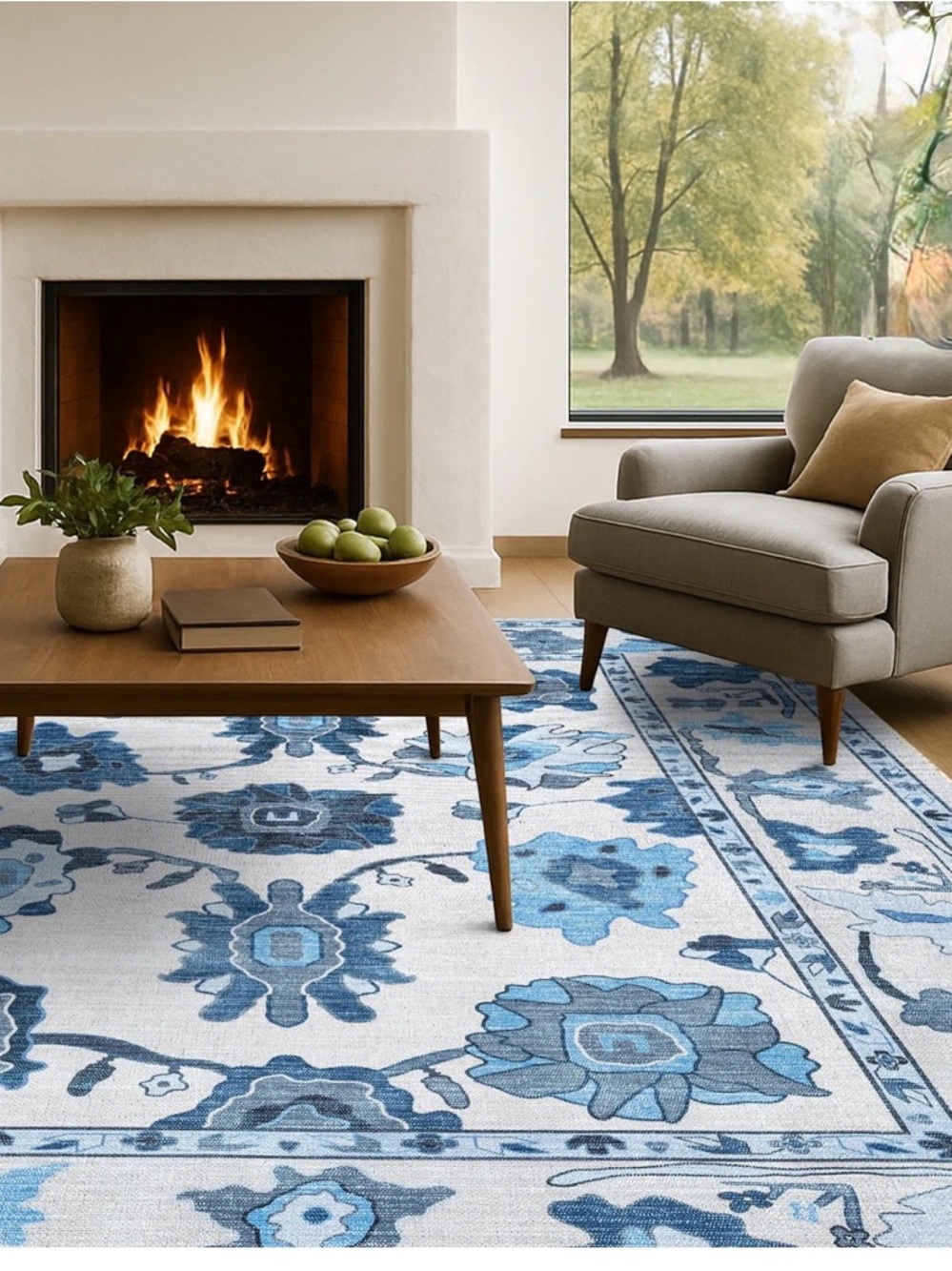 NEW FAME Ellis Navy Blue White Modern Floral Oushak Rug 60” x 90” Washable 2’x3’
